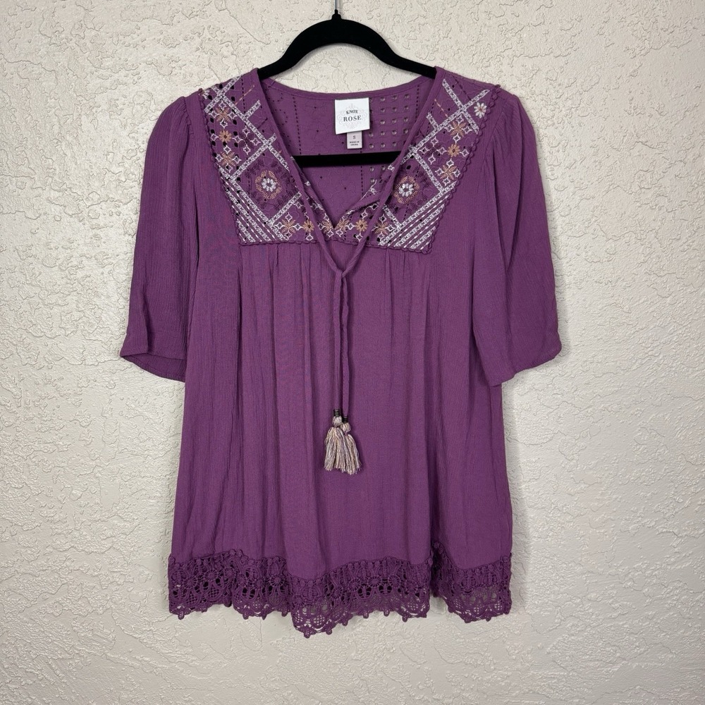 Knox Rose Womens Purple Boho Top Size S Embroidered Crinkle Gauze Tassels Lace